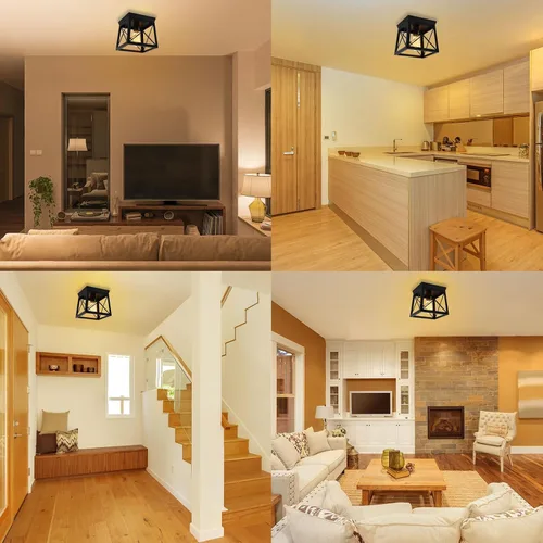 Miniatura 5 de 1 Light Black Industrial Flush Mount Ceiling Light Fixture - Square Farmhouse Caged Ceiling Light for Closet Kitchen Hallway Porch, E26, Dimmable