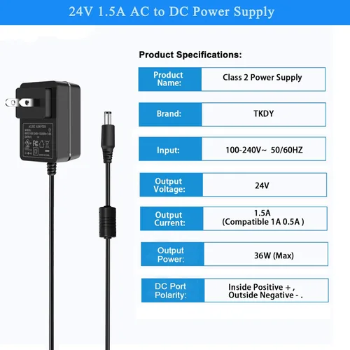 Miniatura 2 de Cable de alimentación de 24 V CC, adaptador de 24 V CC 1.5 A, CA 110-240 V CC en 24 voltios, 1 A, 0,5 A, cargador de pared para difusor
