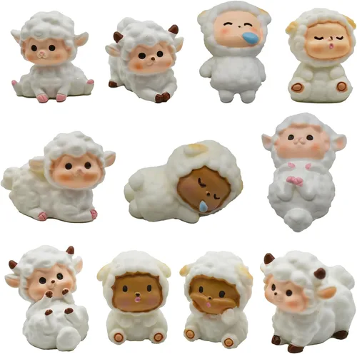 11 figuras de oveja en miniatura en miniatura, mini adorno de oveja de jardín de hadas, adorno de cordero de resina, decoración para tartas para