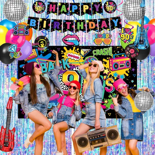 Miniatura 5 de Las decoraciones para fiestas de cumpleaños de los años 90 incluyen telón de fondo, centros de mesa de panal, pancarta, espirales colgantes, globos