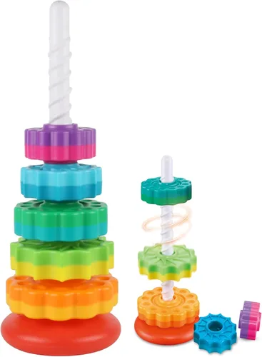 JUXUE Juguetes apilables giratorios para bebés de 1 a 3 años, apilador de anillos de arco iris, juguetes Montessori para bebés de 6 a 12 meses, 1,