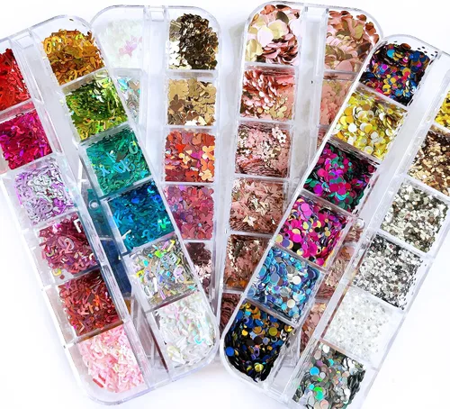 Miniatura 4 de AddFavor Kit de 4 cajas de lentejuelas con purpurina para uñas, formas mixtas, mariposa holográfica, flor, corazón redondo, copos de arte de uñas