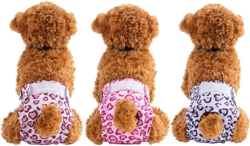 Miniatura 3 de CuteBone Pañales para perros hembras para ciclo de calor, paquete de 3 unidades, estampado de leopardo y corazón D54M