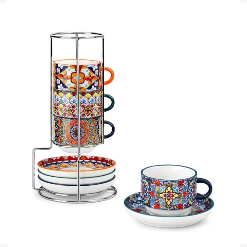 vancasso Juego de 4 tazas de café espresso apilables de 2.5 onzas con platillos y soporte de metal, tazas de capuchino de cerámica bohemia, aptas