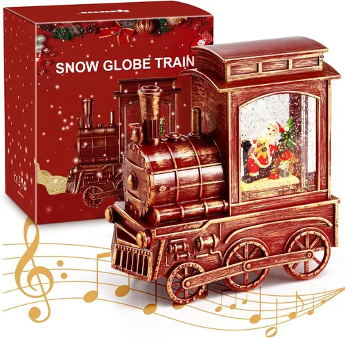 Miniatura 9 de IPOW Tren de linterna de globo de nieve de Navidad con purpurina de remolino de agua, musical e iluminado, temporizador de 6 horas, alimentado por