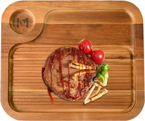 Miniatura 9 de Platos de bistec de madera de acacia, tabla de cortar carnívora para comer, plato de carne tallado de madera, bandeja para servir alimentos, tabla