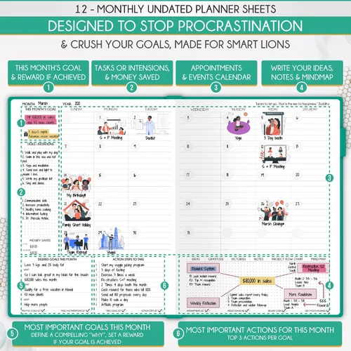 Miniatura 5 de Agenda por horas: agenda diaria, semanal y mensual sin fecha con sección de presupuesto, un viaje de 12 meses para aumentar la productividad