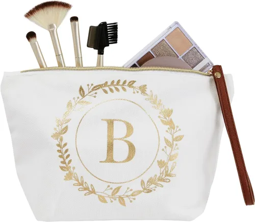 Miniatura 7 de Bolsa de maquillaje personalizada con inicial dorada para mujer, bolsa de cosméticos de lona con monograma, color blanco, Blanco, Dorado, B