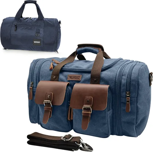 Miniatura 12 de Wildroad Bolsa de viaje de lona de 50L, bolsa de lona expandible de cuero genuino, bolsa de fin de semana mejorada para una noche, bolsa de mano