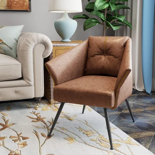 Miniatura 6 de Accent Chairs - Silla moderna cómoda de mediados de siglo, para sala de estar, dormitorio, lectura, silla de piel sintética, color marrón 1