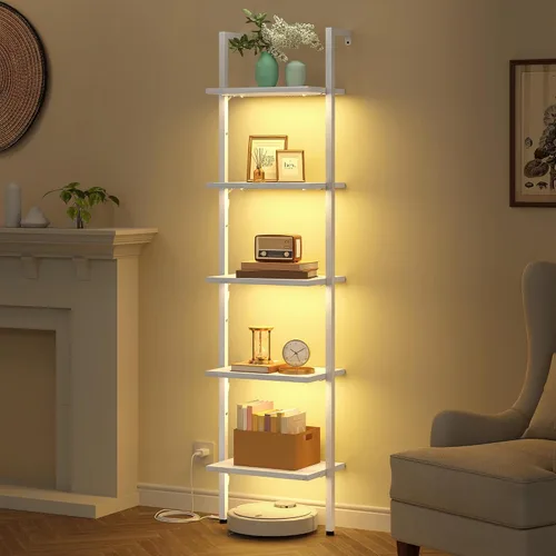 Miniatura 13 de Tajsoon Estante de escalera de 5 niveles con luz, estante de madera para libros montado en la pared, estantería de escalera con marco de metal