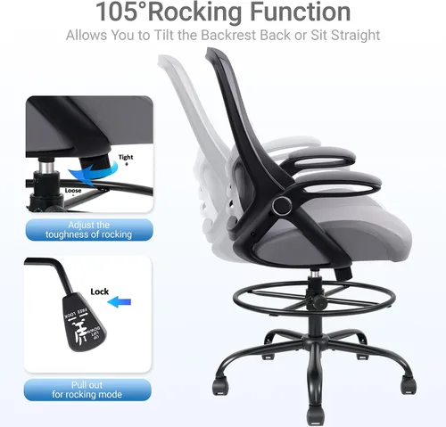 Miniatura 4 de HYLONE Silla de dibujo resistente de 400 libras, asiento grueso de 5 pulgadas, silla de oficina con reposabrazos abatibles, silla ergonómica alta