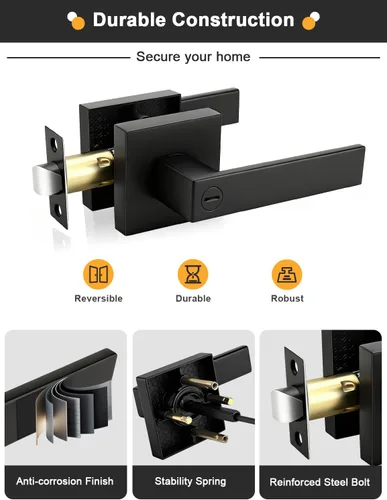 Miniatura 2 de Gobrico 1 paquete de manijas cuadradas de privacidad para puerta en acabado negro mate, manijas interiores sin llave, reversibles para puertas