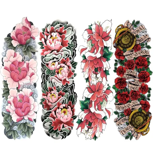 Miniatura 7 de 4 hojas de tatuajes temporales de brazo completo para adultos, color rosa pistola de tatuajes, impermeables, arte corporal de larga duración