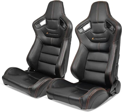 IKON MOTORSPORTS, Par de asientos universales de carreras con deslizadores dobles, color negro con puntada naranja PU y cuero de carbono,