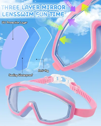 Miniatura 4 de Gafas de natación para niños, gafas de natación de marco grande, visión amplia, antivaho e impermeables para niños y niñas Rosa