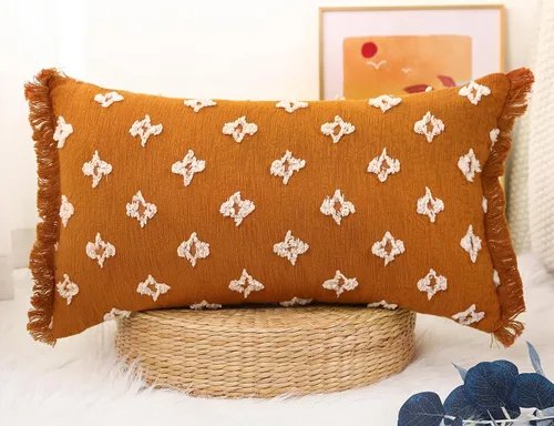 Miniatura 6 de Funda de almohada lumbar larga bohemia de 14x20 pulgadas con borla, de algodón, con patrón de flores 3D, funda de almohada lumbar larga para sofá