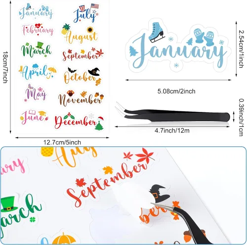Miniatura 2 de Epakh 12 hojas de calcomanías para planificador mensual, calcomanías de diario con pinzas para codo, calcomanías creativas para calendarios