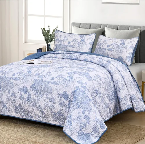 Miniatura 14 de WONGS BEDDING Juego de edredón botánico tamaño Queen, negro, 3 piezas, colcha con estampado floral de plantas Toile, juego de ropa de cama