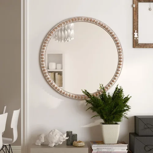 Miniatura 4 de COZAYH Espejo decorativo con marco de madera envejecida, espejo decorativo de pared estilo rústico (redondo)