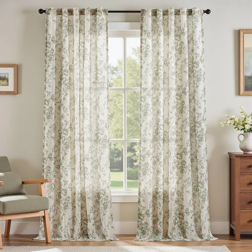 Miniatura 38 de Jinchan Cortinas de Mezcla de Lino con Estampado Floral para Sala de Estar, 84 Pulgadas de Largo, Cortinas con Bolsillo para Varilla y Tab Trasera