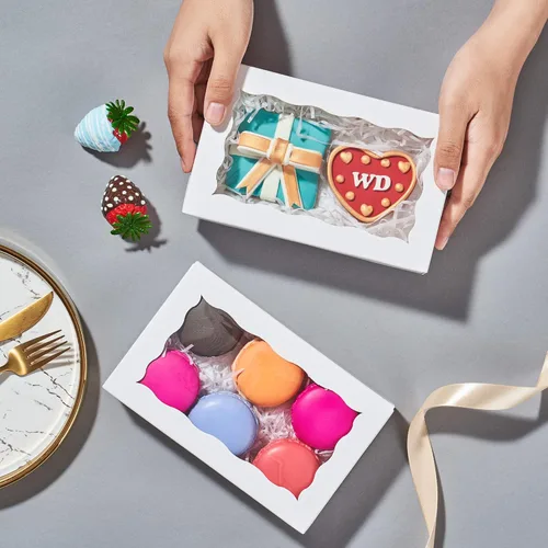 Miniatura 2 de RomanticBaking Paquete de 50 cajas de galletas blancas de 7 x 4 3/8 x 1 1/2 pulgadas, cajas de panadería resistentes con ventana, cajas de macarrón