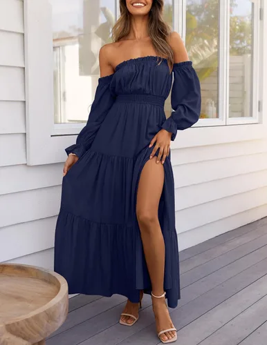 Miniatura 11 de ZESICA - Vestido largo, bohemio y sexy, con hombros descubiertos y manga larga fruncida, con elástico fruncido, cintura alta y abertura lateral
