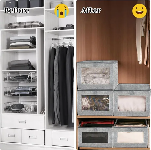 Miniatura 5 de 6 contenedores de almacenamiento de lino con ventana transparente, cesta para estantes, organizador de ropa, contenedores de almacenamiento