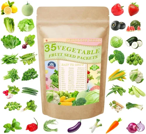 Kit de semillas de frutas para plantar sin OMG y reliquia, 35 variedades de semillas para plantar verduras, 10 marcadores de plantas