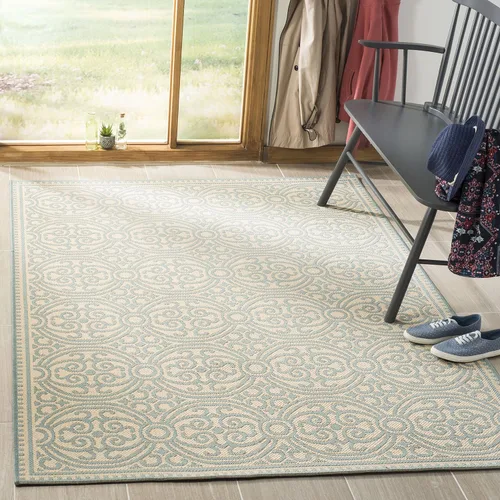 SAFAVIEH Alfombra lavable para exteriores Linden Collection - 4 x 6 pies, aguamarina y crema, no desprende pelusa y fácil de limpiar, ideal para