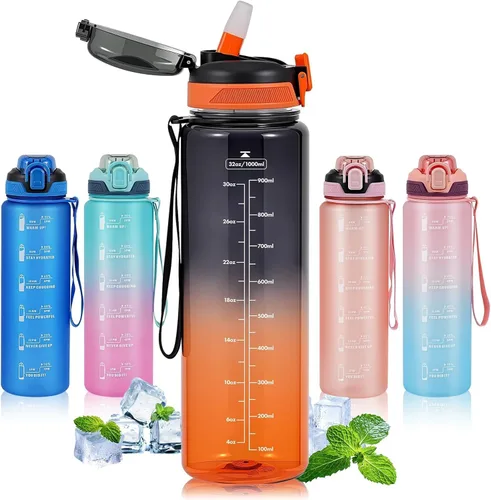 Miniatura 16 de Botella de agua deportiva con popote, botellas de agua de 32 onzas con marcador de tiempo para niños y niñas, botella de agua simple y moderna
