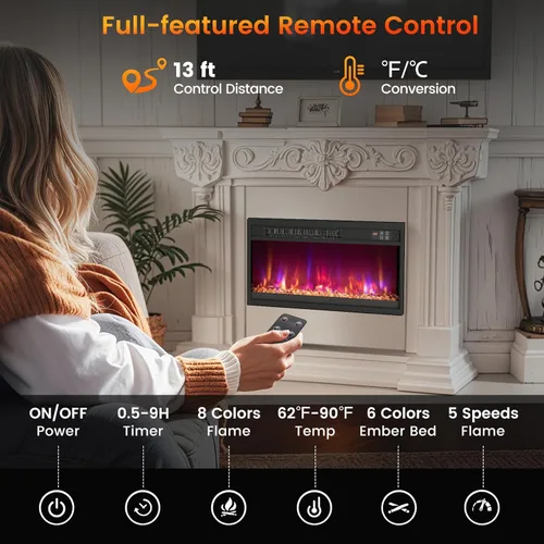 Miniatura 8 de SIMOE - Chimenea eléctrica de 23 pulgadas, chimenea empotrada de 1500 W con llama multicolor y cama de brasas de cristal, temporizador de 9 horas