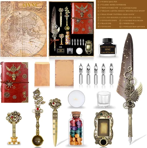 Miniatura 2 de Set de pluma estilográfica con pluma estilo tintero, cuaderno, 5 puntas reemplazables, sello, cuchara, cuentas de cera, cera blanca, tinta, Gris
