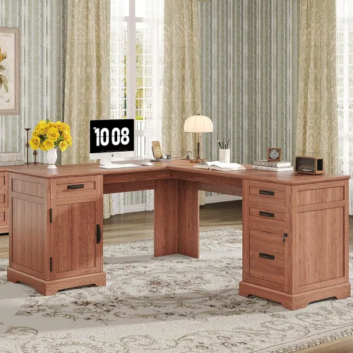 Miniatura 10 de Alohappy Escritorio ejecutivo de granja de 55 pulgadas, escritorio de oficina en casa con cajones, escritorio de madera para computadora