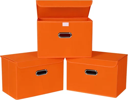 Contenedores de almacenamiento de tela con tapas, organizadores de armario, canastas plegables con asas, cajas de cubo para el hogar, color naranja