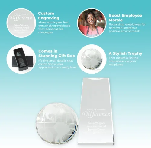 Miniatura 2 de Trofeo grabado – Cristal ejecutivo – Globo señorial en base rectangular – Viene en caja de regalo – Premio para empleados Globe Tower