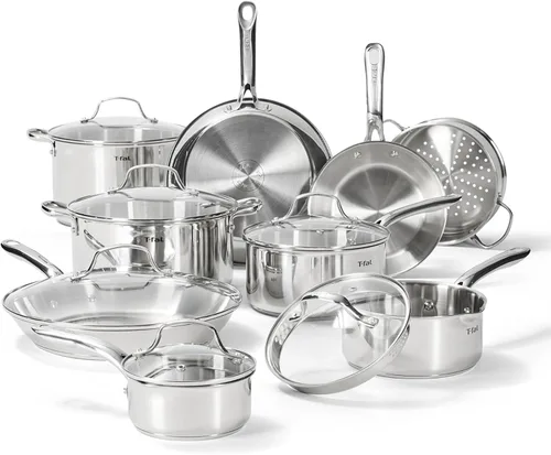 T-fal Gourmet - Juego de utensilios de cocina de acero inoxidable de 15 piezas, ollas y sartenes, apto para lavavajillas, apto para horno hasta 500