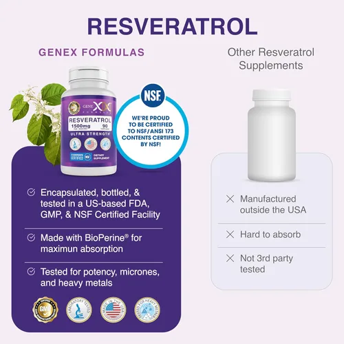 Miniatura 7 de Genex Formulas Resveratrol de 1500 mg con BioPerine para absorción (paquete de 3) Cápsulas orgánicas de trans-resveratrol de Knotweed japonés
