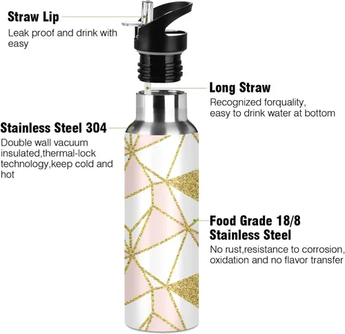 Miniatura 3 de Stainless Steel Vacuum Insulated Water Bottle 20 Oz, Leakproof Water Bottles for Gym Outdoor Travel School, Geometric Gold Triangles