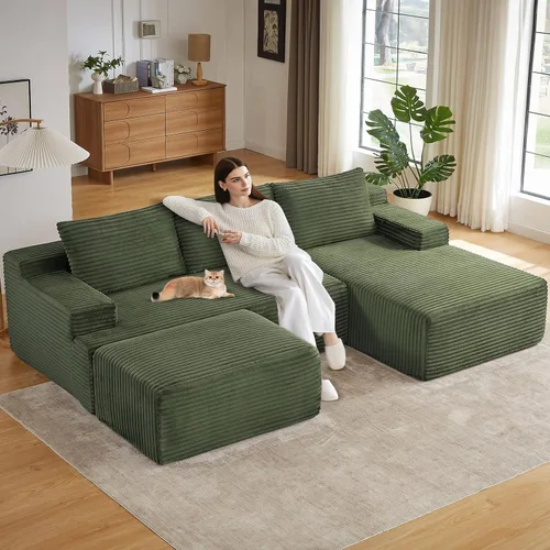 Miniatura 73 de Sofá modular de 95 pulgadas con otomana, moderno sofá nube de pana con asiento profundo, sofá sin hueso tapizado de 3 plazas en forma de U para sala