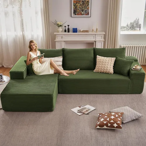 Miniatura 68 de Sofá seccional modular de 96", sofá en forma de L tipo nube sin estructura con chaise lounge, tapizado de pana con asiento profundo de espuma Negro