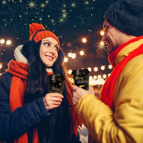 Miniatura 6 de Uiifan Paquete de 50 Tazas de Café Navideñas de 16 oz a Granel Negras Doradas con Copos de Nieve Tazas Desechables Tazas de Papel Feliz Navidad