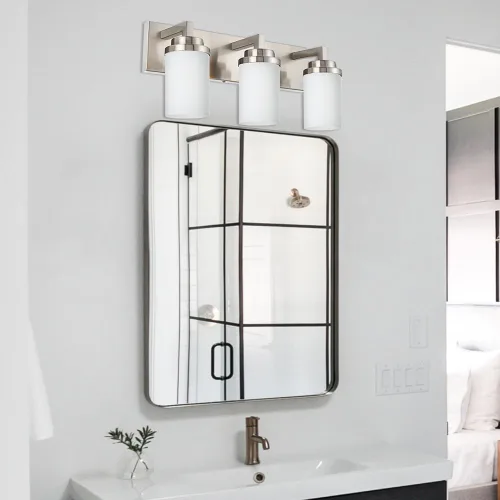 Miniatura 3 de TODOLUZ Lámpara de baño de 3 luces con pantallas de vidrio blanco ópalo, iluminación moderna de baño sobre espejo de níquel cepillado para cocina