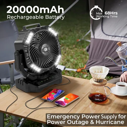 Miniatura 2 de 68HRS - Ventilador de campamento para correr con luz, batería recargable de 20000 mAh, potentes 4 velocidades y oscilación automática, temporizador