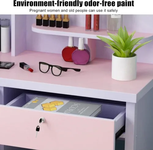 Miniatura 3 de QQXX Juego de tocador grande con espejo, tocador de maquillaje con estantes de almacenamiento y 4 cajones, taburete acolchado para dormitorio