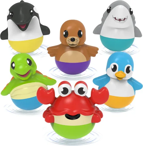 Tub Works® Tub Bobbers™ Bob, Wobble & Float - Juguetes de baño verticales para niños pequeños, paquete de 6 | Acción única de tambaleo | Juguetes de