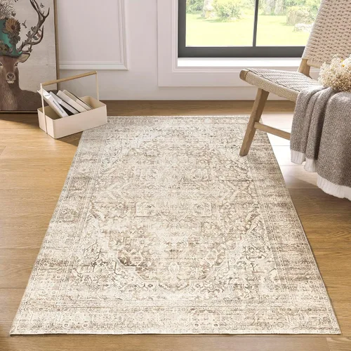 Miniatura 24 de Alfombra de área pequeña de 2x3 pies, antideslizante, neutra, persa lavable estilo casa de campo para entrada, para interiores, color beige tostado