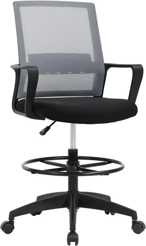Miniatura 9 de BestOffice Silla de dibujo alta silla de oficina ajustable giratoria de malla con soporte lumbar, brazos reposapiés, respaldo medio para adultos
