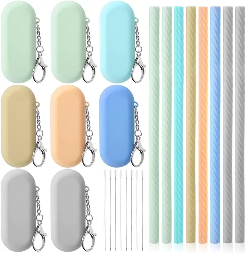 Miniatura 10 de Meanplan Juego de 6 popotes de silicona reutilizables plegables y portátiles para viajes de fiesta, frío o caliente, con funda de transporte