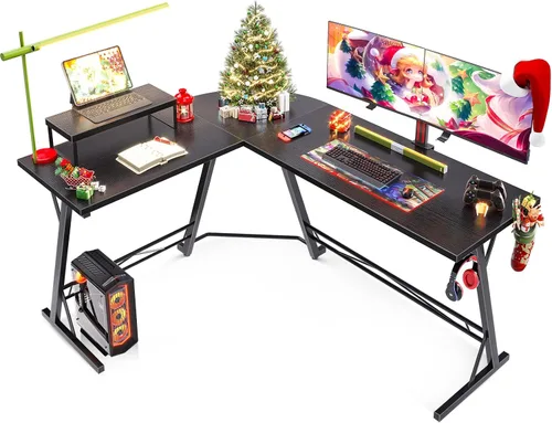 Escritorio en forma de L, de esquina con soporte para monitor para juegos u oficina en casa, 58 pulgadas, color negro.